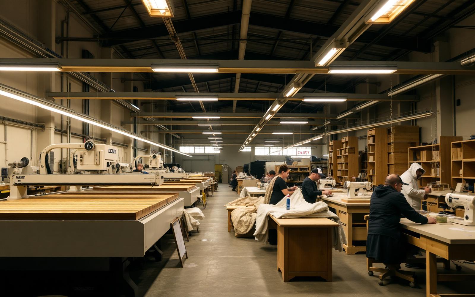 Production hall with CNC machinery and upholstery workstations